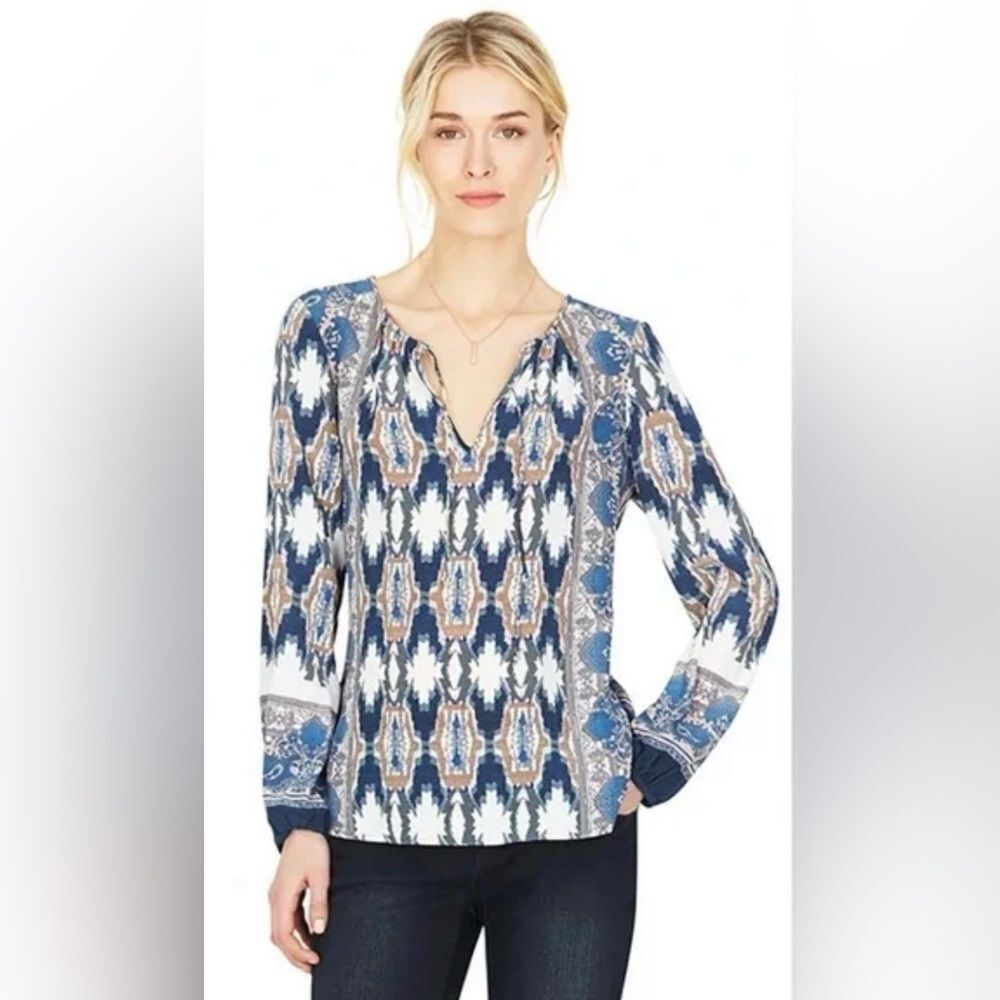 Ecru The Artist 100% Silk Blouse Top Blue and White tan Printed V-Neck Tunic